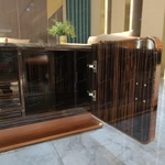 Elegant TV Stand with Natural Wood Veneer, Marble Top, Stainless Steel Frame and Concealed Storage Compartments